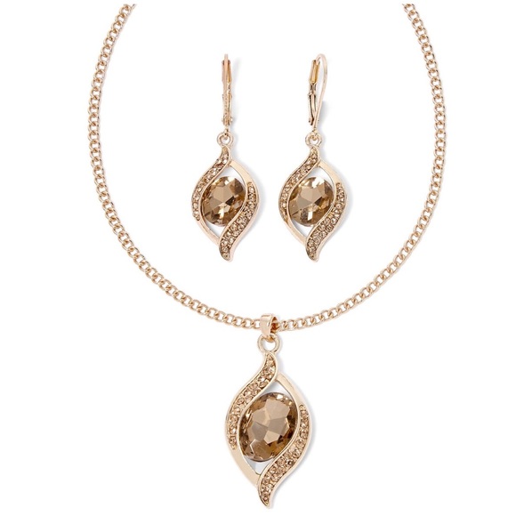 -SOLD_Monet Brown Cryst-Ornament Necklace Earrings - Picture 2 of 7